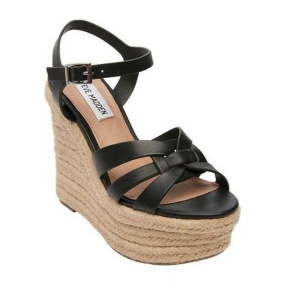 STEVE MADDEN Black Leather Espadrille Wedge Sandals - Picture 2 of 6